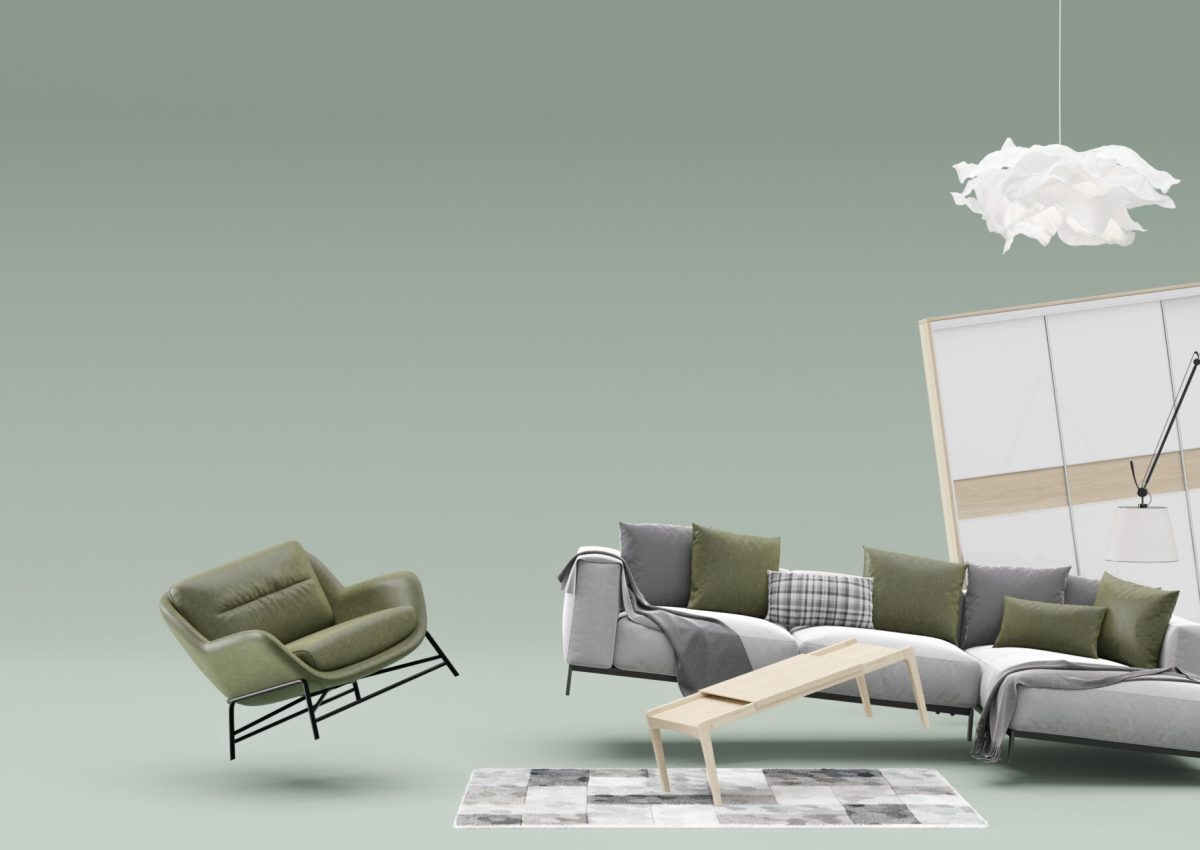 Banner with modern furniture and copy space for your advertisement text or logo. Furniture store, interior details. Furnishings sale or interior project concept. Template with free space. 3d render