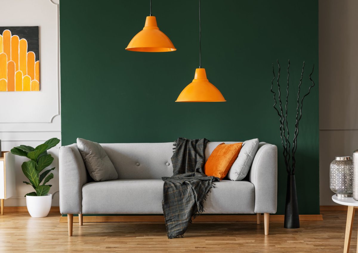 Pillows on comfortable sofa in bright living room interior